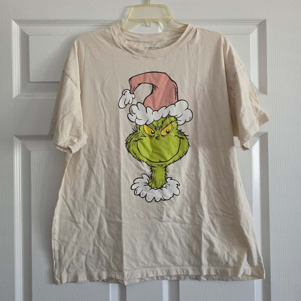 American Eagle Grinch Relaxed Graphic T-Shirt Cream Christmas Medium